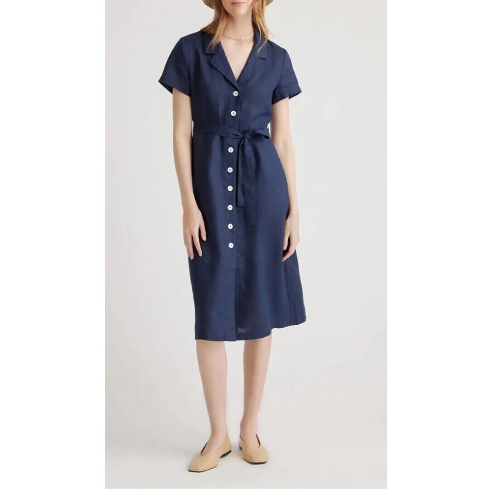 NWT Quince Navy Blue Linen Button Front Dress Midi with Belt, Short Sleeve med